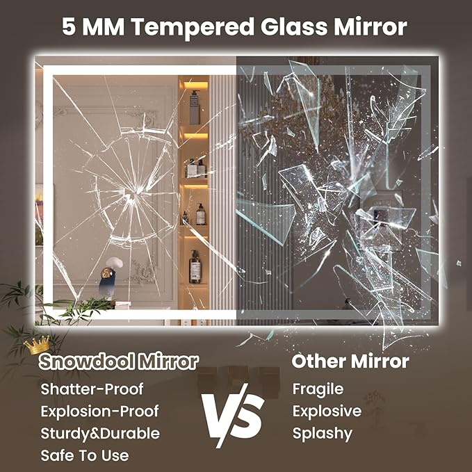 Snowdool 40"X36" LED Bathroom Mirror with Front Lights and Backlit, Anti-Fog, Dimmable, Shatter-Proof Tempered Glass, Lighted Bathroom Vanity Mirror for Wall with 3 Colors, Memory Function