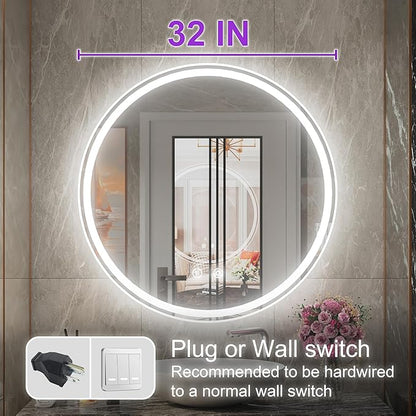 32 Inch Round LED Bathroom Mirror with Anti-Fog, Dimmable Front & Backlit Lights, 6000K Daylight, Frameless, 5mm HD Glass, Memory Function, Touch Control