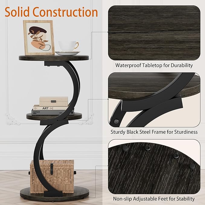 JUSTOGO Small Round Side Table, 3-Tier End Table for Living Room, Vintage Nightstand for Small Spaces Sofa Couch Corner Bedside Bedroom, S-Shaped Wood Accent Table Matel Coffee Table, Charcoal Grey