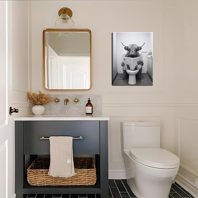 Funny Bathroom Highland Cow Wall Art, Black and White Cute Cow Animal Canvas Posters Prints Set of 3, Vintage Rustic Farmhouse Home Pictures Wall Decor Painting for Bathroom Restroom Framed 12x16 Inch