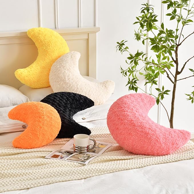 Moon Shaped Pillow with Soft Faux Fur for Couch, Bed, Sofa - Cute Half Moon Pillows with Room Decor for Bedroom, Living Room (14.9 Inches, Yellow)