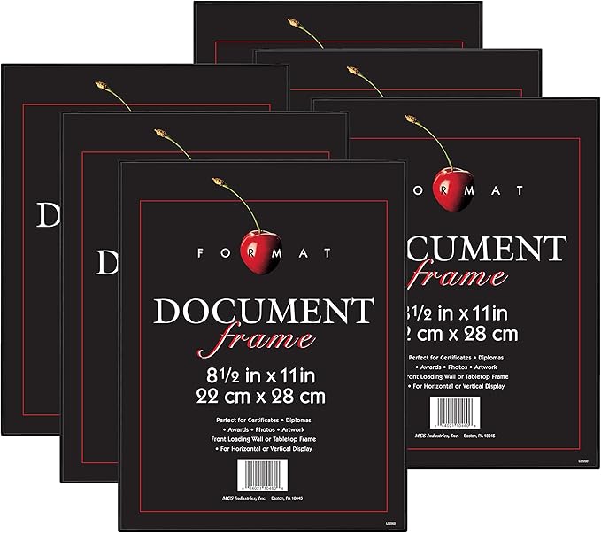 MCS Format 8.5x11 Diploma Frame, Black Picture Frame Wall Hanging or Tabletop Easel for Documents, Awards & Certificates (6-Pack)
