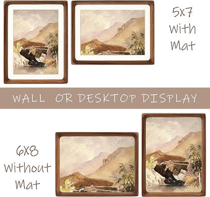 6x8 Picture Frame with Mat for 5x7, Natural Walnut Wood Handcrafted Rounded Corner with Real Glass, Vertical or Horizontal Display Photo Gallery Wall & Tabletop Frame