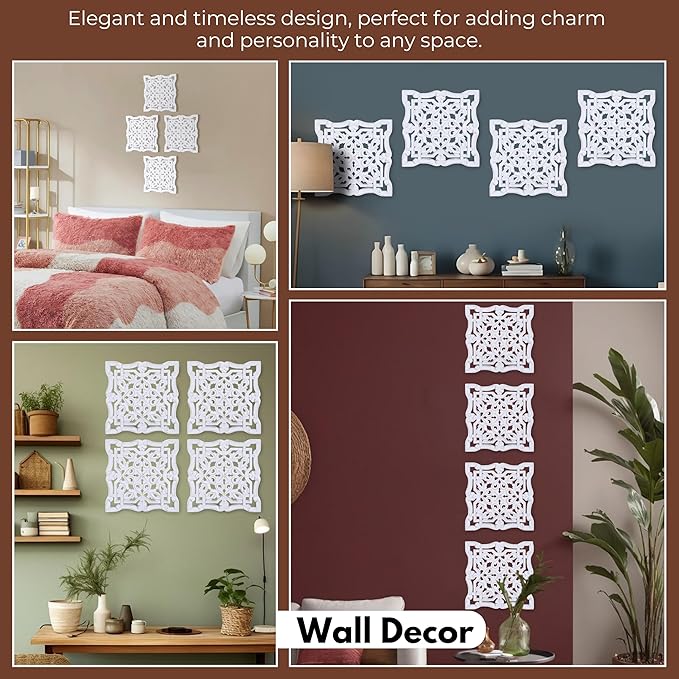 Woodify Hand-Carved Wooden Wall Décor – Set of 4, 12" x 12" Decorative Wood Panels, Floral Design, White Antique Finish, Wall Art for Living Room & Home Décor