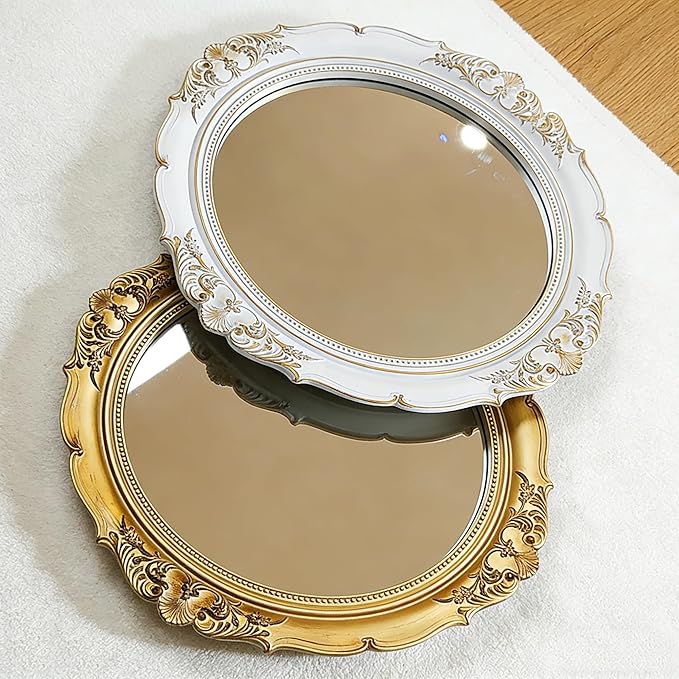 Round Resin Vintage Mirror, Wall-Mounted Decorative Mirror, Retro Hanging Mirror for Entryway, Corridor, Bedroom, Living Room Vanity (White Gold 14.5X13 Inch)