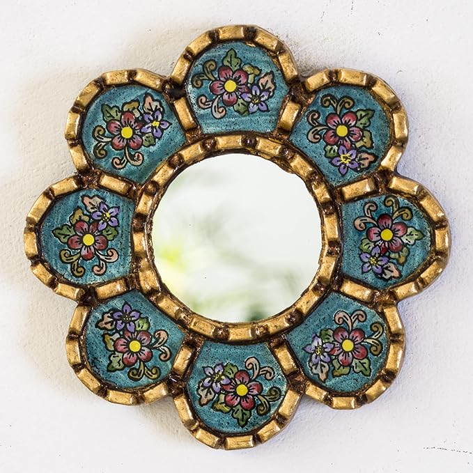 Artisan Handcrafted Wall Mirror Set, 3 Floral Shape Mirrors, Bronze Finish Frame, Turquoise Purple Beige Glass