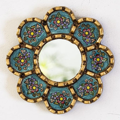 Artisan Handcrafted Wall Mirror Set, 3 Floral Shape Mirrors, Bronze Finish Frame, Turquoise Purple Beige Glass