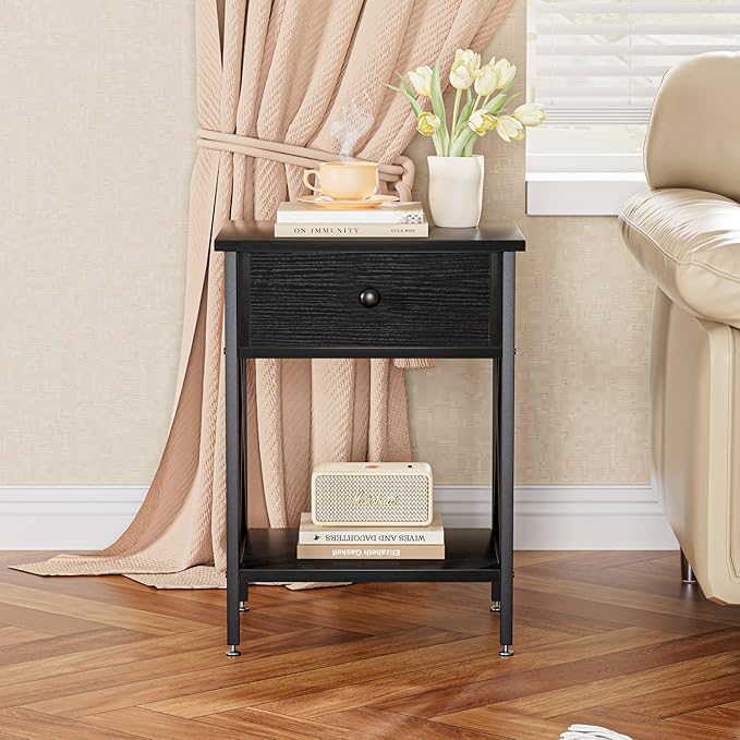 VECELO Nightstand,Modern Bedside End Table, Night Stand with Drawer and Storage Shelf for Living Room Bedroom, Industrial Metal Frame