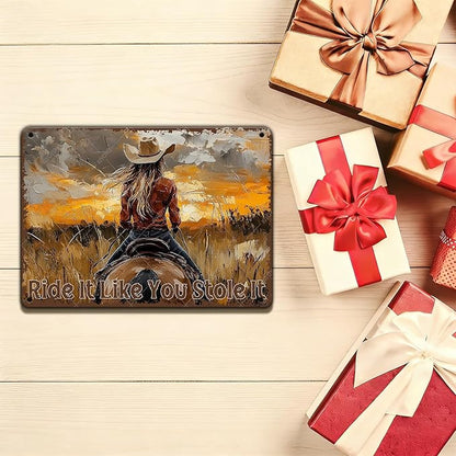 Western Cowgirl Riding Horse Metal Tin Sign Ride It Like You Stole It Wall Art Cowgirl Wall Sunset Countryside Landscape Painting Vintage Artwork for Living Room Bedroom 16x12 Inch