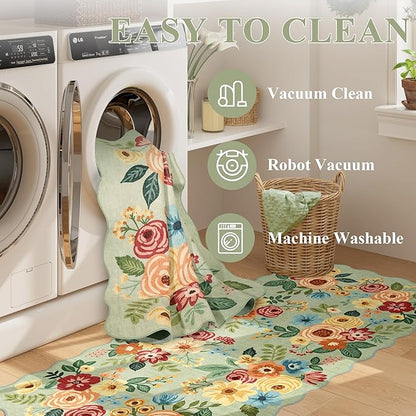 DUKINO Washable Runner Rug, 2x7 Lightweight Soft Floral Hallway Rug Runner with Low Pile Design, Non Shedding & Non Slip Backing Thin Indoor Carpet for Bedroom, Bathroom, Entrance, Kitchen, Green