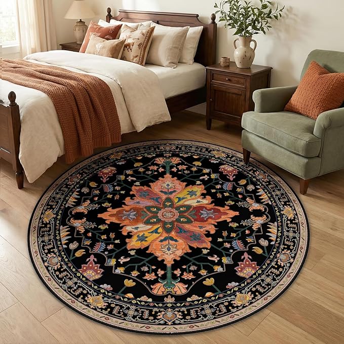 RELEANY Area Rugs Round 5ft Washable Non-Slip, Floral Vintage Distress Print Pattern Medallion Carpet for Living Room Bedroom Dining Room, Black Colorful Floral Dark Tan