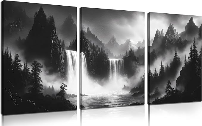 CIRABKY Foggy Forest Wall Art for Living Room - Mountains Canvas Wall Art for Office - Black and White 3 Piece Wall Decor Size 12" x 16"
