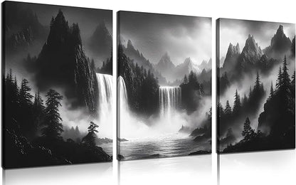 CIRABKY Foggy Forest Wall Art for Living Room - Mountains Canvas Wall Art for Office - Black and White 3 Piece Wall Decor Size 12" x 16"