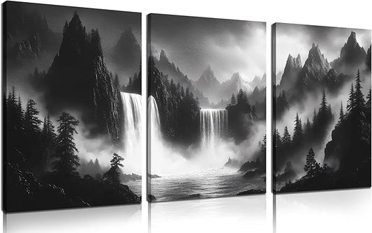 CIRABKY Foggy Forest Wall Art for Living Room - Mountains Canvas Wall Art for Office - Black and White 3 Piece Wall Decor Size 12" x 16"