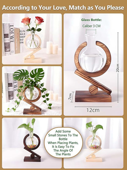 Glass Plant Propagation Station with Wooden Stand and Air Planter Bulb Vase, Planter Terrarium for Home Office Garden Boho Desk Decor,Mothers Day Vase (Dark Burnt Wood)