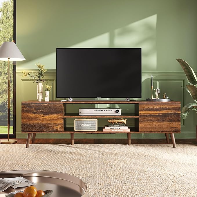 WLIVE Mid-Century Modern TV Stand for 65 70 Inch TV, Entertainment Center with Storage, Adjustable Shelves & Soft-Close, Media TV Console for Living Room/Bedroom, Retro Brown