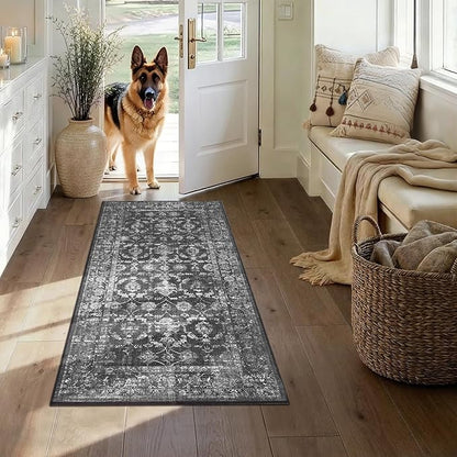 2x4 Black Runner Rug Hallway Washable Area Rugs Kitchen Vintage Boho Non Slip Long Rug Floral Carpet Indoor Retro Soft Low Pile Throw Rug for Bedroom Bathroom Laundry Dining Living Room Office