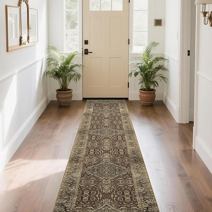 Non-Slip Runner Rugs for Hallway: 2x10 Washable Long Rug for Entryway Kitchen Bathroom Bedroom Indoor - Vintage Home Decor Mat Carpet - Brown