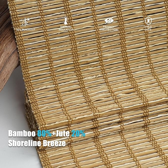 Motorized Bamboo Roman Shades, Motorized Blinds with Remote Compatible with Homekit, Alexa GoogleHome, Smart Wood Woven Shades for Indoor Windows, Customize, Shoreline Breeze