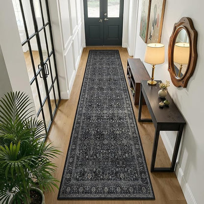 Washable Runner Rug 3x10, Vintage Farmhouse Dark Hallway Runner for Kitchen Floor Non Slip, Low Pile Thin Long Carpet Runner for Entryway Corridor Mudroom Foyer, Midnight
