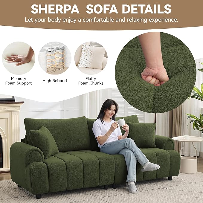 88 "Modern Boucle Sofa Couch, Oversized Comfy 3 Seater Sherpa Curved Sofas Deep Seat, Upholstered Loveseat Teddy Round Arm Couches for Living Room, Bedroom, Green