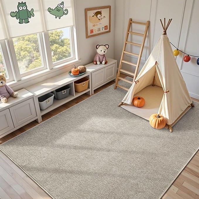 FinRèc 6x9 Washable Area Rugs for Bedroom Living Room, Low Pile Thin Rug Solid Color, Non-Slip Carpet Indoor for Home Decor (Greige/White)