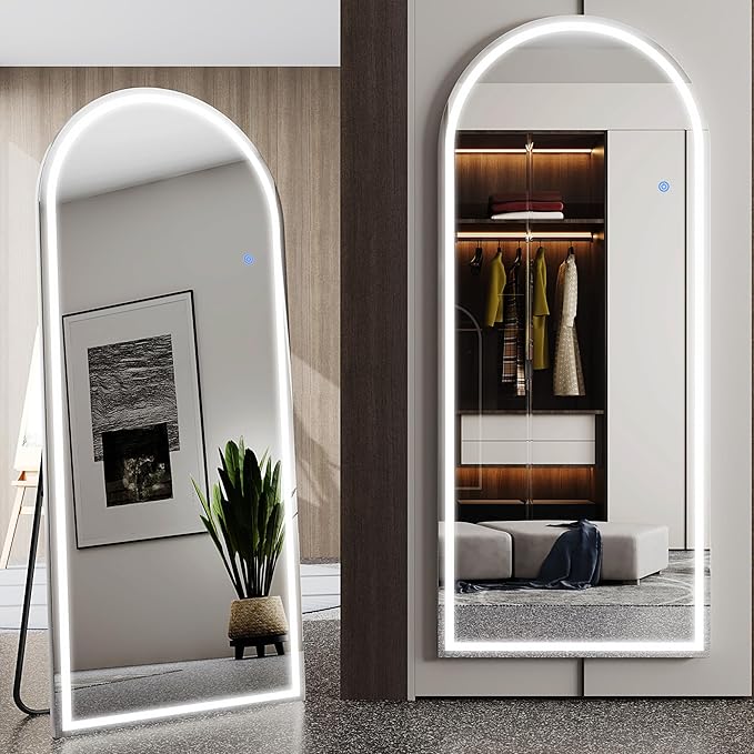 Antok LED Full Length Mirror with Light, 56"x20" Lighted Full Body Mirror with Stand, Dimmable & 3 Color Lighting Standing/Leaning/Wall Mounted Vanity Mirror for Bedroom Cloakroom Livingroom(Arched)