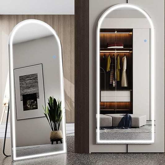 Antok LED Full Length Mirror with Light, 71"x28" Lighted Full Body Mirror with Stand, Dimmable & 3 Color Lighting Standing/Leaning/Wall Mounted Vanity Mirror for Bedroom Cloakroom Livingroom(Arched)