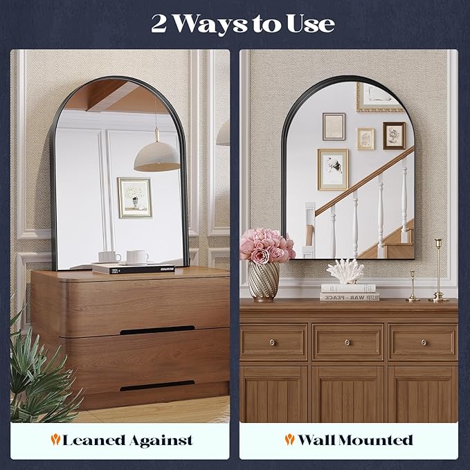 Arched Bathroom Mirrors Set of 2, 24x32 Black Rust-Resistant Metal Frame Vanity Mirror, HD Shatter-Resistant Wall Mirror for Over Sink, Modern Bathroom Mirror for Bedroom, Entryway, Living Room
