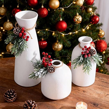 White Ceramic Flower Vases Set of 3, Valentine's Day Gift Vases with Vertical Stripe Texture, Modern Decorative Vases for Dried Flowers, Home Decor Vase for Living Room Bedroom Kitchen Shelf