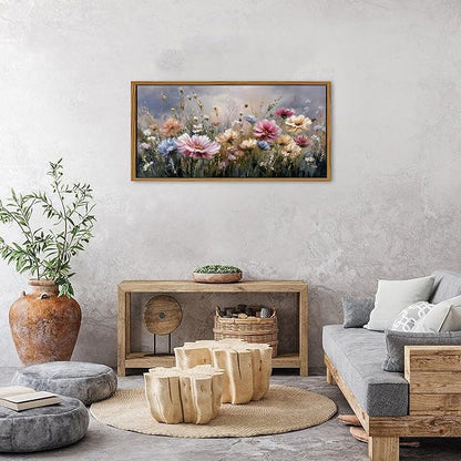Vintage Wildflower Wall Art Framed Abstract Daisy Wall Decor Floral Picture for Bedroom Nature Flower Painting Canvas Prints Colorful Farmhouse Landscape Poster Cottagecore Artwork Decorations 20x40
