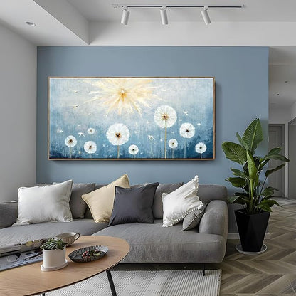 Nicetop Extra Large Framed Artwork for Walls– Giant Blue Floral Wall Picture with Wood Frame Dandelion Flower Plant Canvas Print Landscape Wall Art for Big Living Room,Office or Bedroom, 58x29Inch