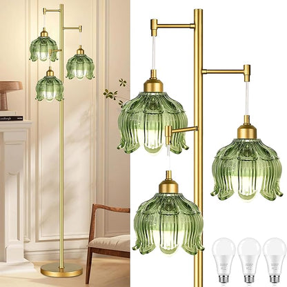 Gold Floor Lamp for Living Room Bedroom,3 Lights Modern Floor Lamps with Unique Green Glass Shades,68IN Mid Century Tall Standing Lamp,Vintage Tree Floor Lamp for Corner Office Reading Bulb Included