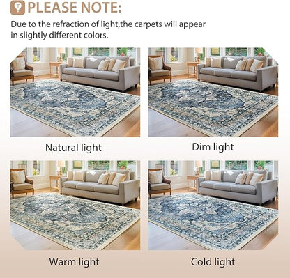 BESTSWEETIE 3x5 Area Rug Washable Rugs for Living Room, No Pile Boho Carpet for Entryway Bedroom Dinning Room, Vintage Carpet Print Distressed Non-Slip, 3 x 5 ft, Blue Navy
