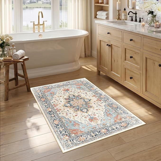 RELEANY Area Rugs 2'6"x4' Kitchen Rugs Entry Rug Small Rugs for Entryway Kitchen Bathroom Door Mat Indoor Entrance,Washable Non Slip, Beige Navy Blue Orange Colorful