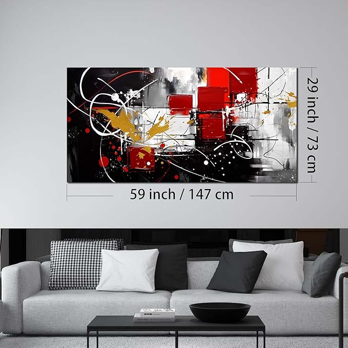 ANCXWOTER Abstract Wall Art for Living Room Black Canvas Wall Art Modern Grey Red Line Artwork for Bedroom Office Home Decor Canvas Prints 29x59 Inch