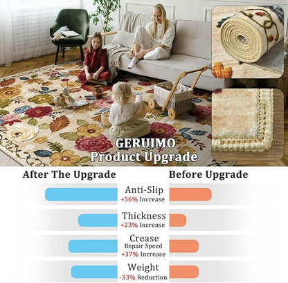 2x6 Machine Washable Runner Rug, Kitchen Hallway Area Rug Beige Vintage Boho Floral Ultra Non-Slip Low Pile Soft Faux Wool Carpet, Kids and Pets Friendly for Bedroom Entryway Nursery Home Decor Rug
