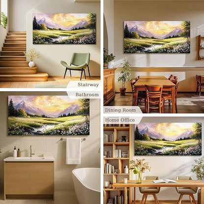 crmotu Landscape Wall Art, Mountain Wall Art, Countryside Scenic Canvas Prints, Nature River Wildflower Spring Oversized Paintings for Living Room Bedroom Dining Room Farmhouse Cottage 29x57inch