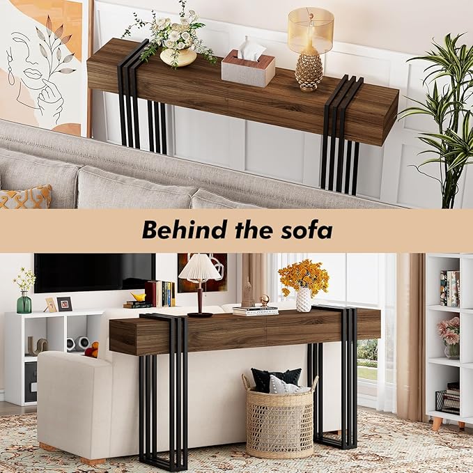 knoworld 63 Inch Console Table for Entryway, Industrial Sofa Tables Couch Table Behind Sofa for Living Room Hallway Foyer, Walnut
