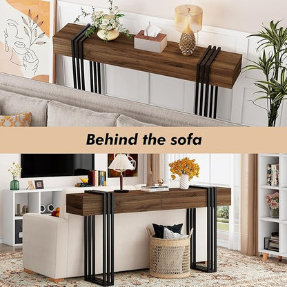 knoworld 63 Inch Console Table for Entryway, Industrial Sofa Tables Couch Table Behind Sofa for Living Room Hallway Foyer, Walnut