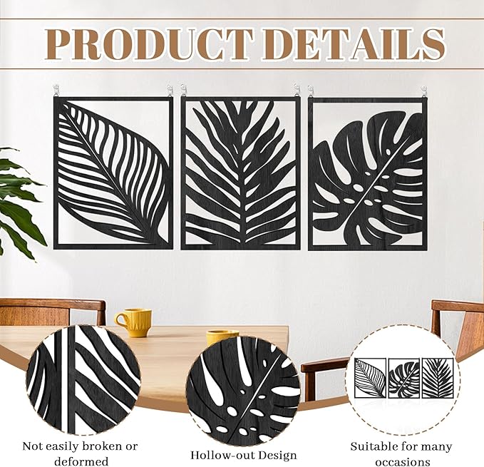 3PCS Black Tropical Wall Art, Wall Decor For Bedroom, Wall Art Decor Leaf Sign Walls Vintage Tropical Plant Wall Rustic Palm Leaf, Modern Wooden Walls Sculptures for for Living room, Bedroom, Office