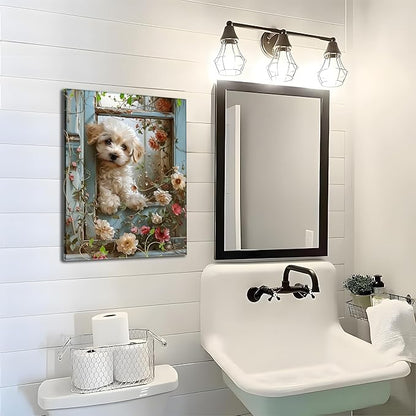 Framed Poodle Canvas Wall Art, Funny Teddy Dog Poster Print, Abstract Dog Standing Among Flowers Painting Wall Decor for Dormitory Restroom Bedroom Kids Room Decor 12x16 inch