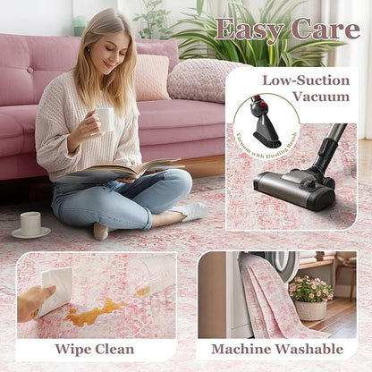 Pink Hallway Runner 2x6, Low Pile Aesthetic Bedside Runner for Bedroom Girls Kids Nursery Dorm, Kitchen Runner Rugs Non Skid Washable, Carpet Runners for Entryway/Foyer/Bedroom/Laundry Room