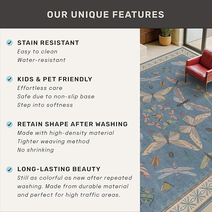 Hazo Haus Insect 3x5 Washable Stain Resistant Rugs for Large Kitchen, Ultra Soft Faux Wool Rugs for Kids Bedroom Beside Bed, Non Slip Entry Rug, Low Pile Fade Resistant, Dusty Blue