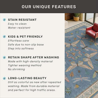 Blue 2x3 Kitchen Rugs Non Slip Washable, 0.25" Low Pile Stain & Fade Resistant, Waterproof Indoor Floor Mat for Entryway, Bathroom, Laundry Room, Boho Insect Floral Decor