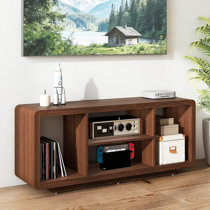 MWOOD 50.4" TV Stand with Charging Station, Mid Century Console Table with Curved Edges, Wood Entertainment Center with 4 Open Shelves for Living Room Bedroom, Appartment Walnut
