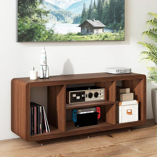 MWOOD 50.4" TV Stand with Charging Station, Mid Century Console Table with Curved Edges, Wood Entertainment Center with 4 Open Shelves for Living Room Bedroom, Appartment Walnut
