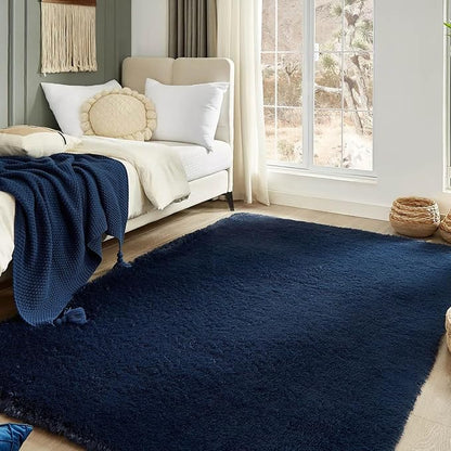 Floralux 5x7 Soft Fluffy Shag Area Rug for Living Room, Bedroom, Kid's Room, Dark Blue, Upgraded Anti-Skid Plush Carpet