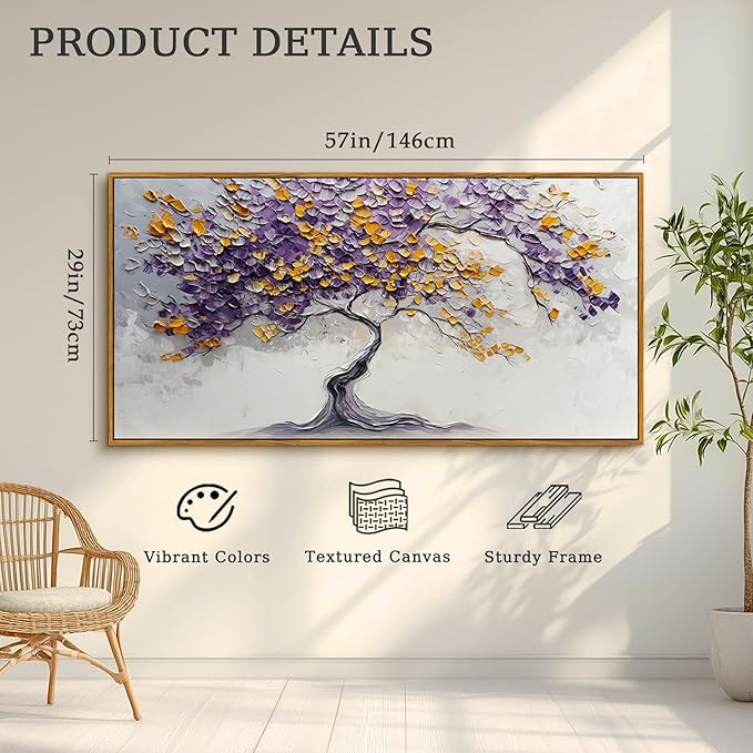 crmotu Tree of Life Large Framed Wall Art, Purple Tree Abstract Art Wall Decor, Modern Neutral Plant Canvas Prints, Minimalist Wall Pictures for Living Room Bedroom Yoga Office Decorations 29x57inch