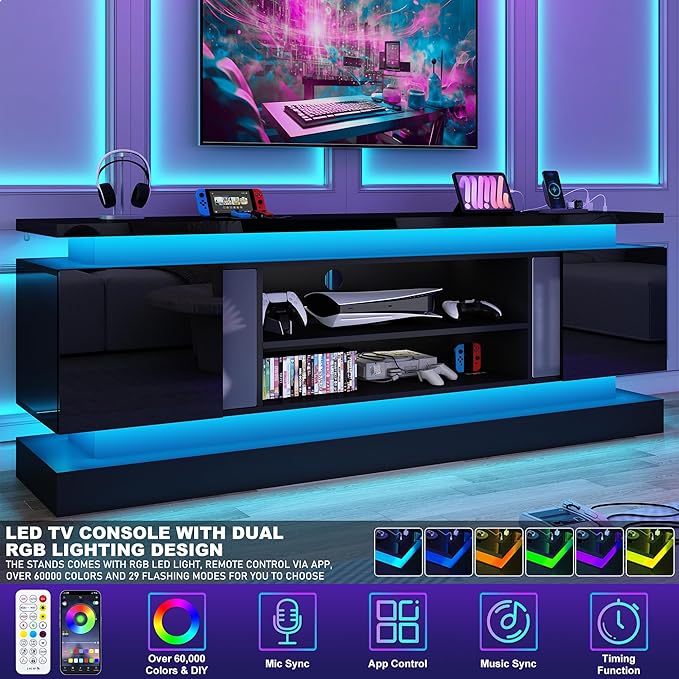 chartustriable 71IN LED TV Stands w/Power Outlet for 85/80/75 Inch TVs,High Glossy Modern Tall Entertainment Center TV Media Console Gaming with 2 Storage Cabinets,Dual LED Lights,Black